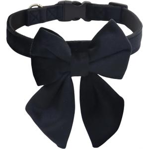 THAIN Velvet Dog Collar with Style Bow Tie, Quick Release Plastic Buckle Adjustable Dog Collars for Small Medium Large Dogs Pets (L, Velvet Black)