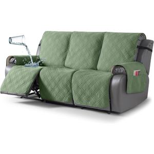 TAOCOCO 100% Waterproof Recliner Sofa Cover, Non Slip Split Couch Covers for Reclining Couches with Elastic Strap, Washable Reclining Sofa Cover Furniture Protector for Kids Pets(3 Seater, Bean Green)
