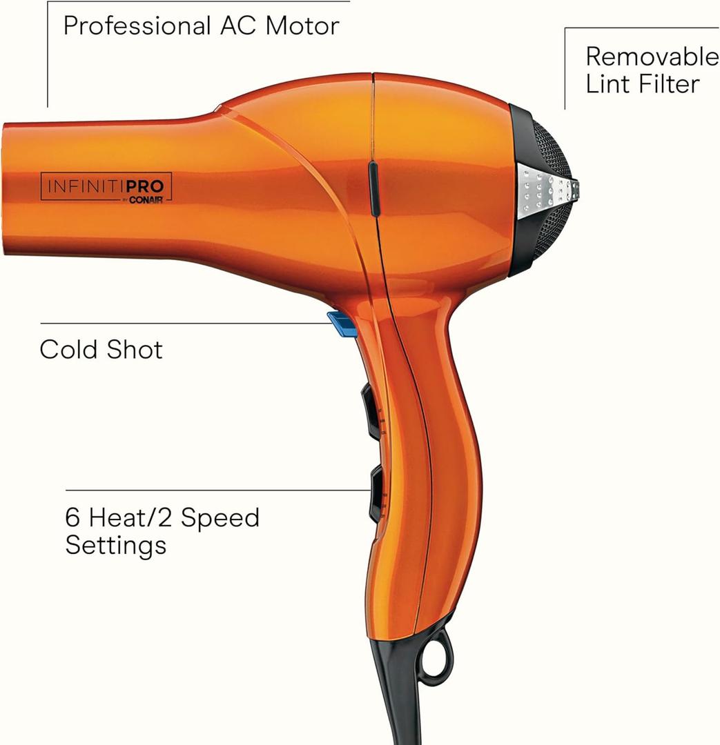 Infiniti PRO CONAIR Hair Dryer with Diffuser, Professional AC Motor, Tourmaline Ceramic Technology Blow Dryer, Includes Concentrator and Blowout Brush,  Orange