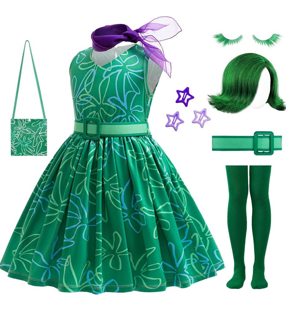 10Pcs Girls Green Costume Cosplay Dress up Halloween Outfits with Wig 120