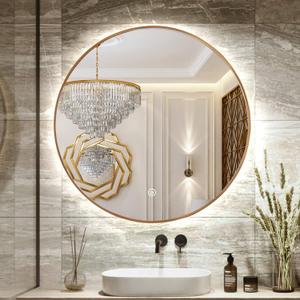 24" Round LED Bathroom Mirror, Wall Mounted Round Backlit Mirror LED Bathroom Vanity Mirror with Light Fog Free Circle Lighted Mirror with Gold Frame, Smart Light up Mirror 3-Color 24" Round LED Bathroom Mirror, Wall Mounted Round Backlit Mirror LED Bathroom Vanity Mirror with Light Fog Free Circle Lighted Mirror with Gold Frame, Smart Light up Mirror 3-Color