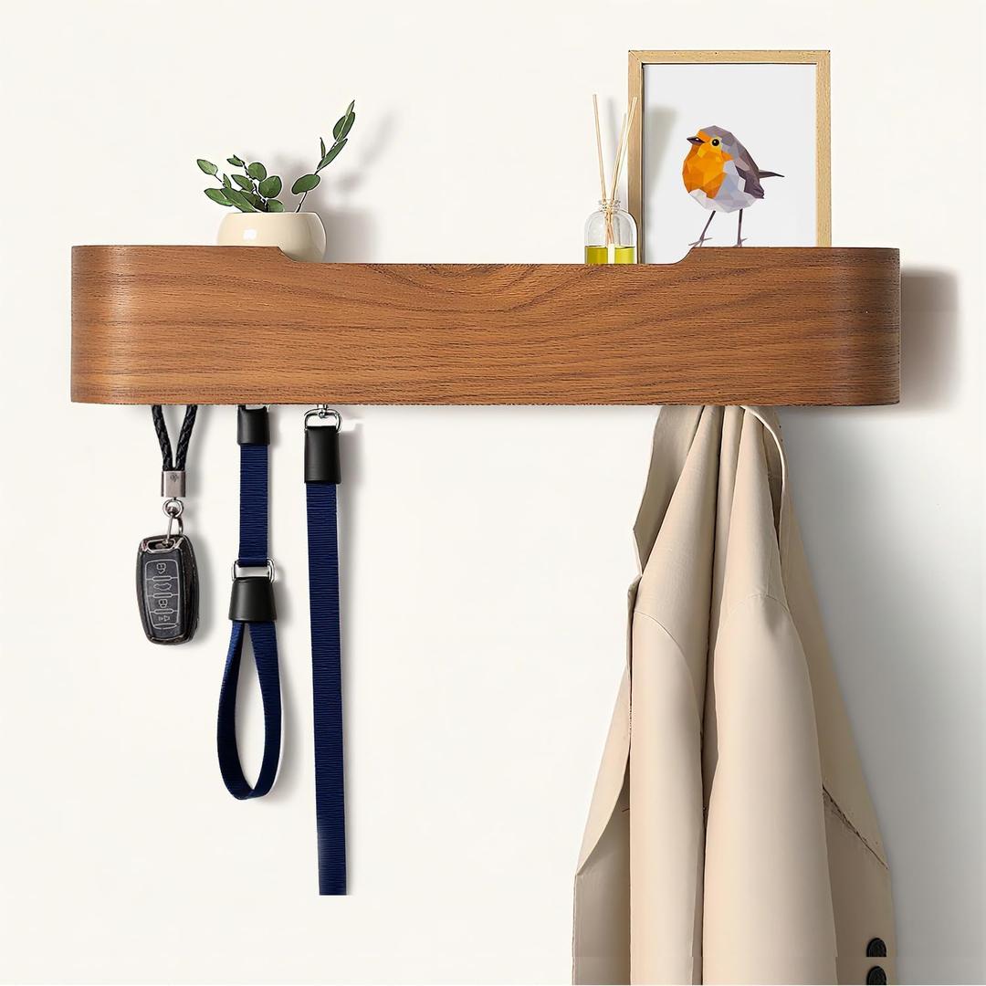 Coat Rack Wall Mount with Hidden Hooks, Wall Hooks with Shelf, Wall Key Holder Mount Wooden Shelf Entryway Hooks for Bedroom Bathroom for Hanging Coats Hats Bags Towels (Walnut, 5 Hooks)