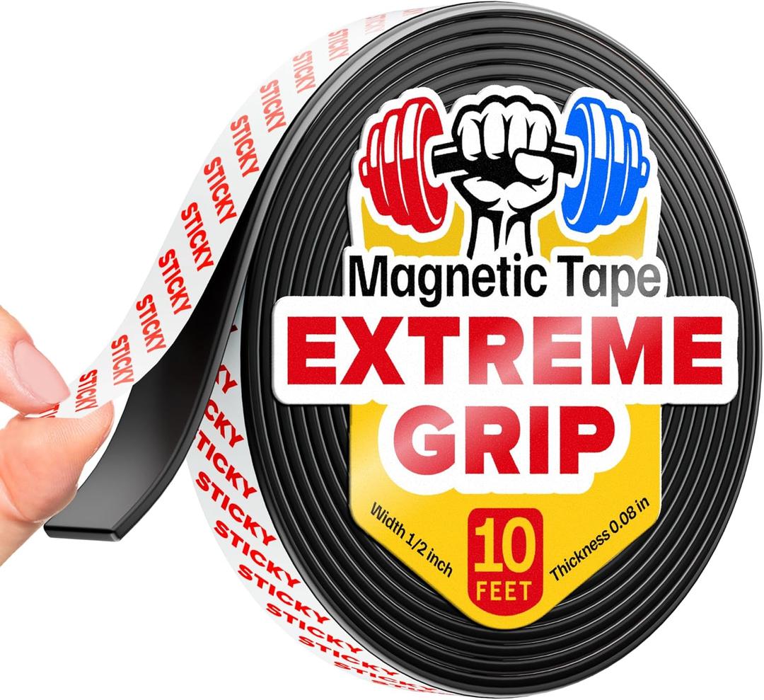 Super Sticky Magnetic Tape (10 feet x 1/2 inch) - Stong Magnet Strip with Adhesive Backing for DIY & Crafts - Easy to Cut and Mount on Fridges, Whiteboards & More