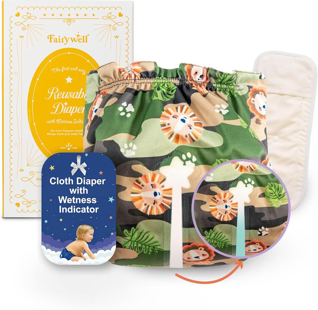 Reusable Cloth Diapers with Wetness Indicator, Swim Diaper, 1 Waterproof Skin Friendly CoversInsert One Size Adjustable Washable Pocket Diapers for Newborns, Baby (11-33 pounds,0-3 Years, Lion)