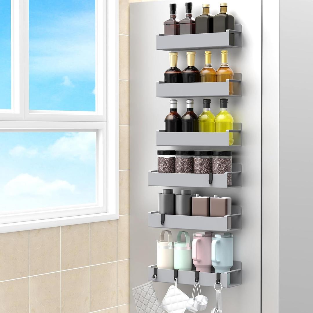 6 Pack Magnetic Spice Rack Organizer for Refrigerator and Oven, Light Gray Fridge Organizers and Storage for Kitchen