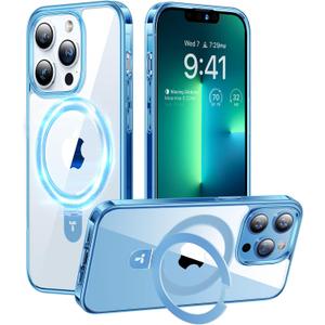TORRAS Magnetic UPRO Ostand for iPhone 13 Pro Max Case [Compatible with MagSafe] Adjustable Stand [Never Yellow] [MIL-Grade Protection] Hard Clear Case for iPhone 13 Pro Max, 6.7'', Blue Clear