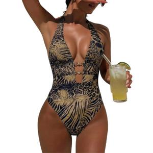 Women's Sexy High Cut Cheeky One Piece Swimsuits Monokini Plunge V Neck Halter Bathing Suit Summer Beach Pool Party, L