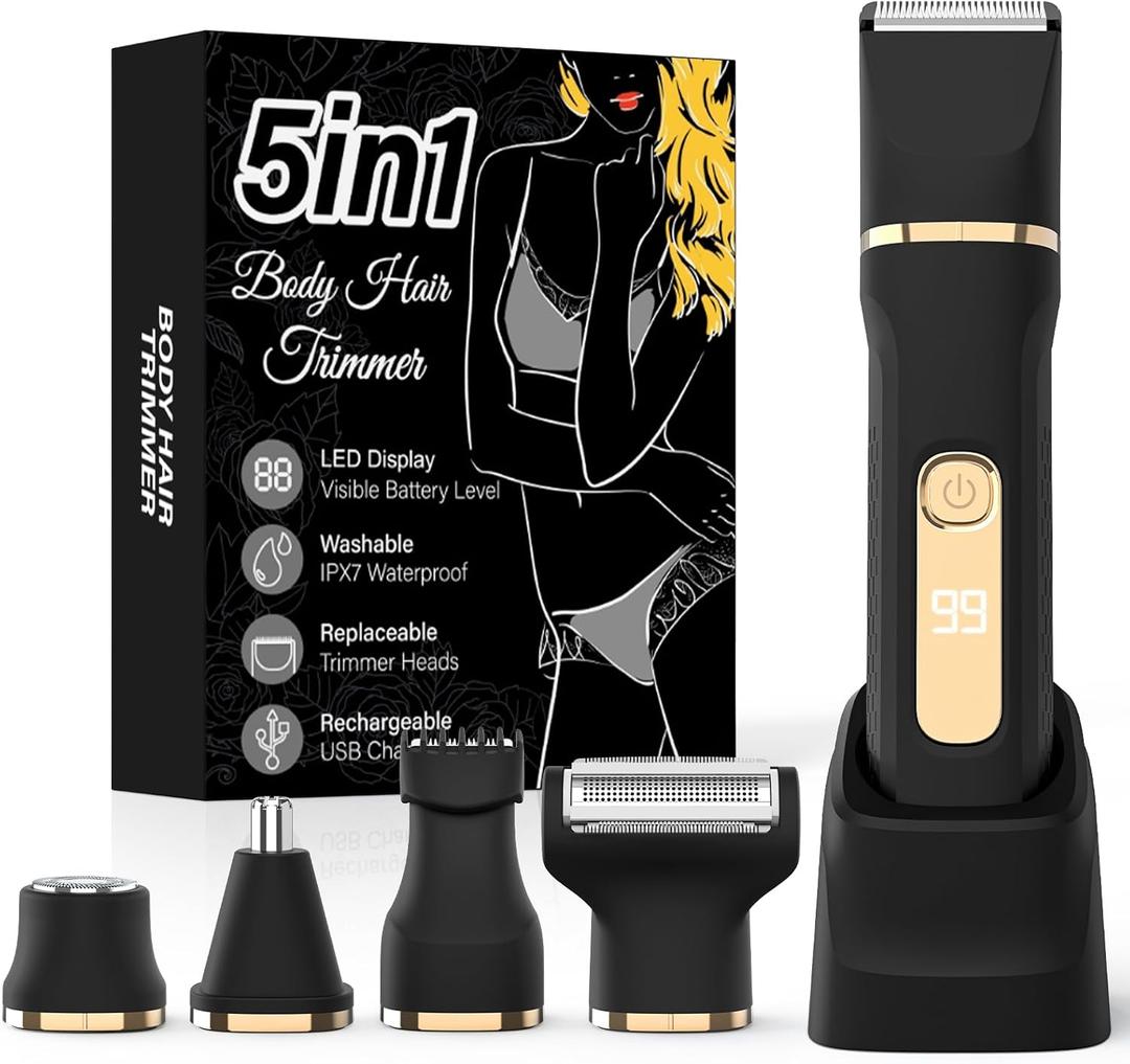 Bikini Trimmer for Women,5-in-1 Electric Razors for Women,Electric Shaver for Women's,IPX7 Waterproof Trimmer for Men Legs,with 5 Replaceable Blade Heads,USB Recharge DockBlack
