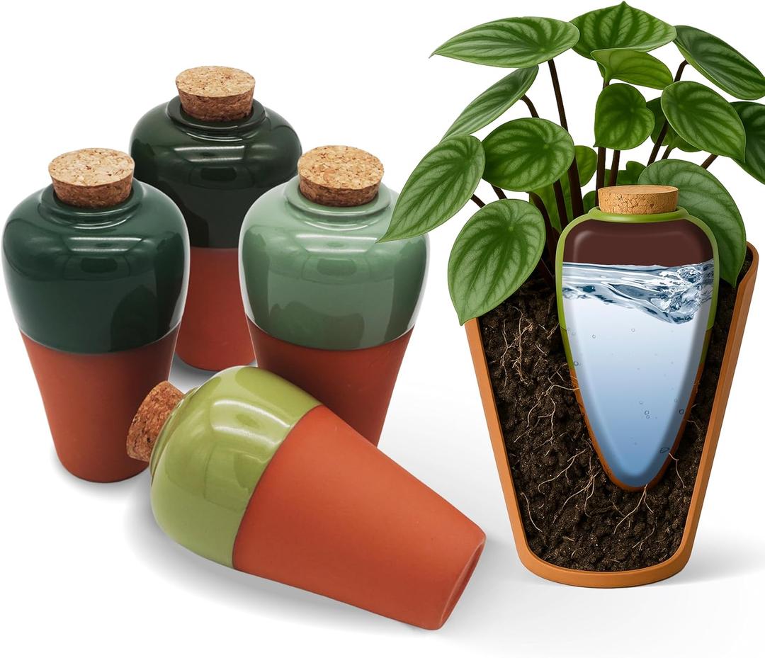 Terracotta Self Watering Planter Insert - Set of 4 Clay Ollas with Slim Bottom for Easy Soil Insertion, Glazed Top, Plant Watering Globes for Indoor & Outdoor