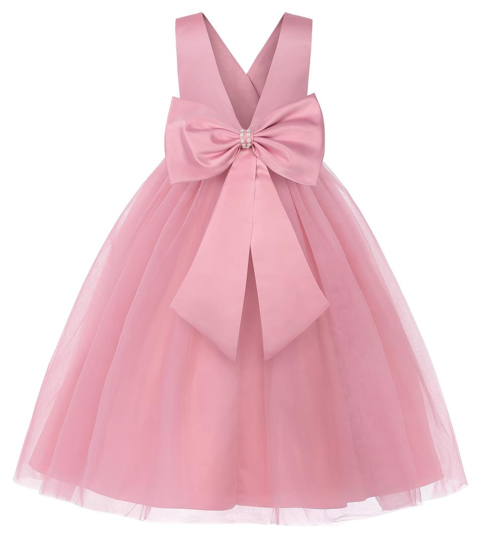 JerrisApparel Girls' Tulle Flower Girl Dress Sleeveless Princess Party Gown for Kids with Pearl Waist Large Bow (5-6 Years, Pink) (Pink)