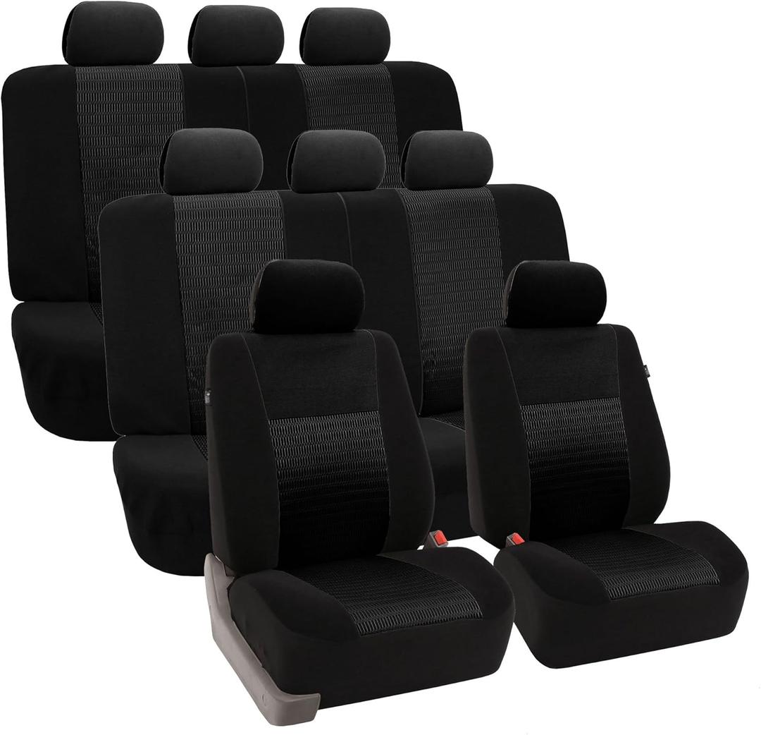 FH Group Car Seat Covers Trendy Elegance 3D Air Mesh Car Accessories, Airbag Compatible and Split Ready Black Three Row Set 8 Headrest Covers Universal Fit Interior Accessories for Cars Trucks SUV (Black (2 Buckets Covers, 2 Bench Covers))