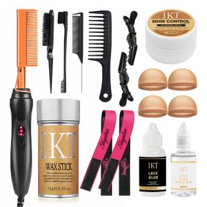 Electric Hair Straightener Comb Curling Iron for Natural Black Hair Wigs Pressing Combs with Wig Glue, Rat Tail Comb Salon Clips (17 Pcs)