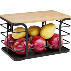 Potato and Onion Storage Bin,Kitchen Organizers Pantry Bin with Bamboo Top for Onion,Potato,Fruits,Vegetable,Produce Storage, Black