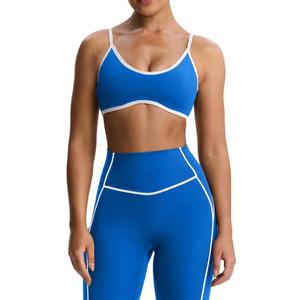Aoxjox Blue and White Womens Sports Bra Spaghetti Straps Sexy Scoop Neck Wireless Padded Workout Yoga Crop Tops Medium