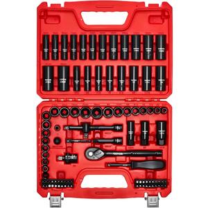 VEVOR 96 Piece 3/8" Drive Impact Socket Wrench and Bit Set, SAE (5/16" to 3/4") & Metric (8 to 22 mm), CR-V, Deep & Shallow, 6 Point, Ratchet, Universal Joint, Bit Holder, Adapters, Spark Plug Socket