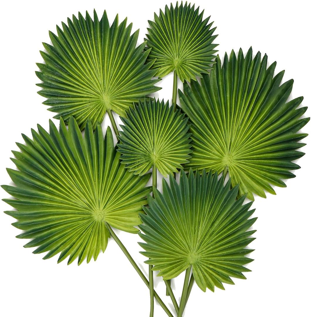 6 Pcs Pu Foam Artificial Palm Leaves Faux Palm Tropical Leaves Fake Palm Fronds for DIY Wedding Bouquets Fake Leaves for Centerpieces Arrangements Bridal Shower Palm Leaf for Party Home Decorations