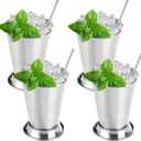 Fijinhom 12oz Mint Julep Cups with Straws Set of 4, Stainless Steel Beaded Mint Julep Cups, Mint Julep Glasses for Cocktails Mixed Drinks, Metal Cups for Beer Juice Beverage Party Bar Home Restaurant