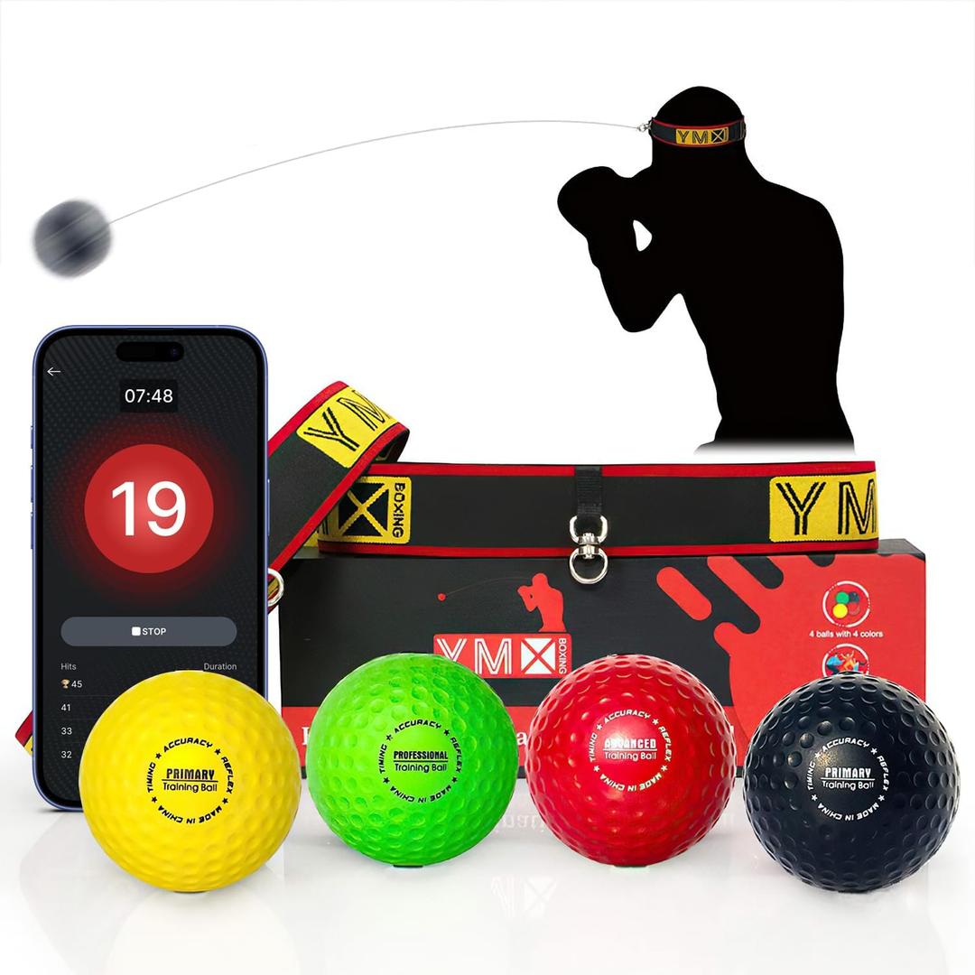 YMX BOXING Ultimate Reflex Ball Set with Counter App - 4 React Reflex Ball Plus 2 Adjustable Headband, Great for Reflex, Timing, Accuracy, Focus & Coordination Training for Boxing, MMA and Krav Mega (Black/Yellow/Red/Green)