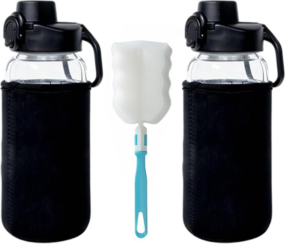Neodaco 24 OZ Glass Shaker Bottle, 2Pack Odorless Shaker Bottle with 304 Stainless Steel Ball and Removable Cleaning Brush for Fitness Protein Mixes