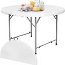 48in Round Folding Table with Carrying Handle, White 4 Feet Portable Plastic Dining Card Table for Kitchen or Outdoor Party Wedding Event