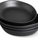 AmorArc 9.75'' Ceramic Large Pasta Bowls, 38oz Stoneware Flat Serving Bowls Set of 4, Oven,Microwave&Dishwasher Safe Bowls with Wavy Rim for Fruit Pasta Salad Meal, Matte Black