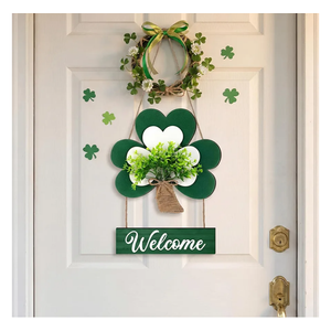 Kathfly St. Patricks Door Wreath Decorations Wooden Shamrock Welcome Decoration for Wall Front Door Saint Patricks Day Wreath with Leaves and Jute Rope for Home Outdoor Indoor Party Decor Supplies