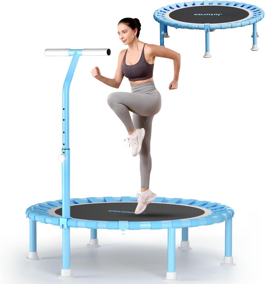 Juturna 40" Foldable Mini Trampoline, Rebounder Trampoline for Adults, 450lbs Capacity with T-Shaped Adjustable Bar, Fitness Trampoline for Kids, 40"L x 40"W x 35.4"H, Blue 