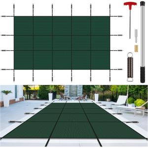 Inground Pool Cover Safety Fits 12x24ft Rectangle Swimming Pool, Mesh Solid Pool Cover for Inground Pools,Winter Pool Safety Cover Includes Safety Net and Installation Tools Green