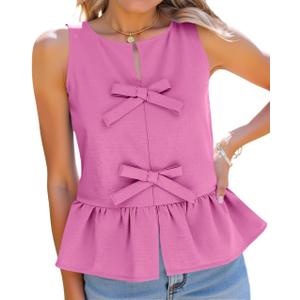 Tankaneo Womens Bow Peplum Tank Tops Summer Sleeveless Babydoll Cotton Blouses Loose Fit Flowy Casual Shirts (Medium, Hot Pink)