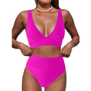 Hilinker Women's Leopard Bikini Swimsuits V Neck High Waisted 2 Piece Bathing Suits