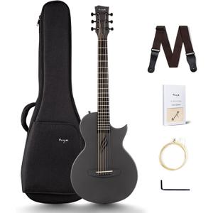 Enya Nova Go Carbon Fiber Travel Acoustic Guitar | 1/2 Size Lightweight Moisture-Proof Guitara | Adult & Beginner Portable Guitar with Gig Bag & Accessories (Black) (35")