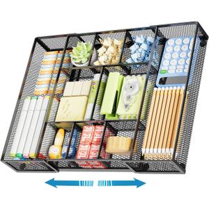 Marbrasse Expandable Desk Drawer Organizer, Mesh Drawer Organizer Tray with 10 Adjustable Compartments, Desk Organizers and Accessories, 5 Dividers Drawer for Office Supplies, Makeup & Vanity (Black)