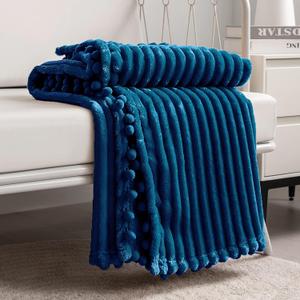 DISSA Fleece Blanket Queen Size  71x80, Blue - Soft, Plush, Fluffy, Fuzzy, Warm, Cozy  Perfect Throw for Couch, Bed, Sofa - with Pompom Fringe - Flannel Blanket