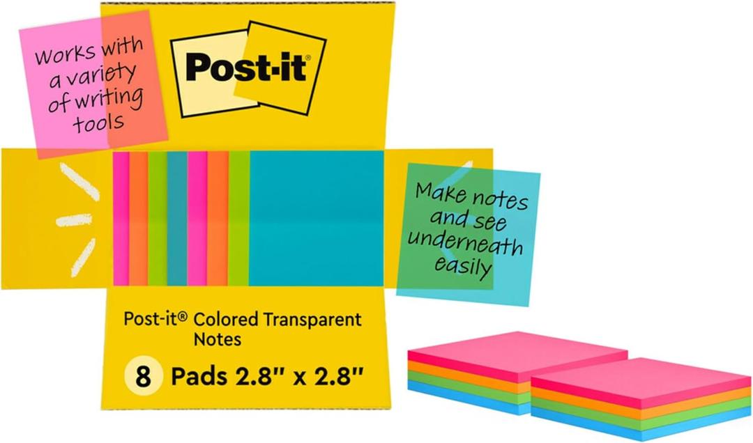 Post-it Transparent Notes, 2.8 in. x 2.8 in., Blue, Pink, Green and Orange Sticky Notes, School Supplies, Office Products, Great for Studying, 8 Pads