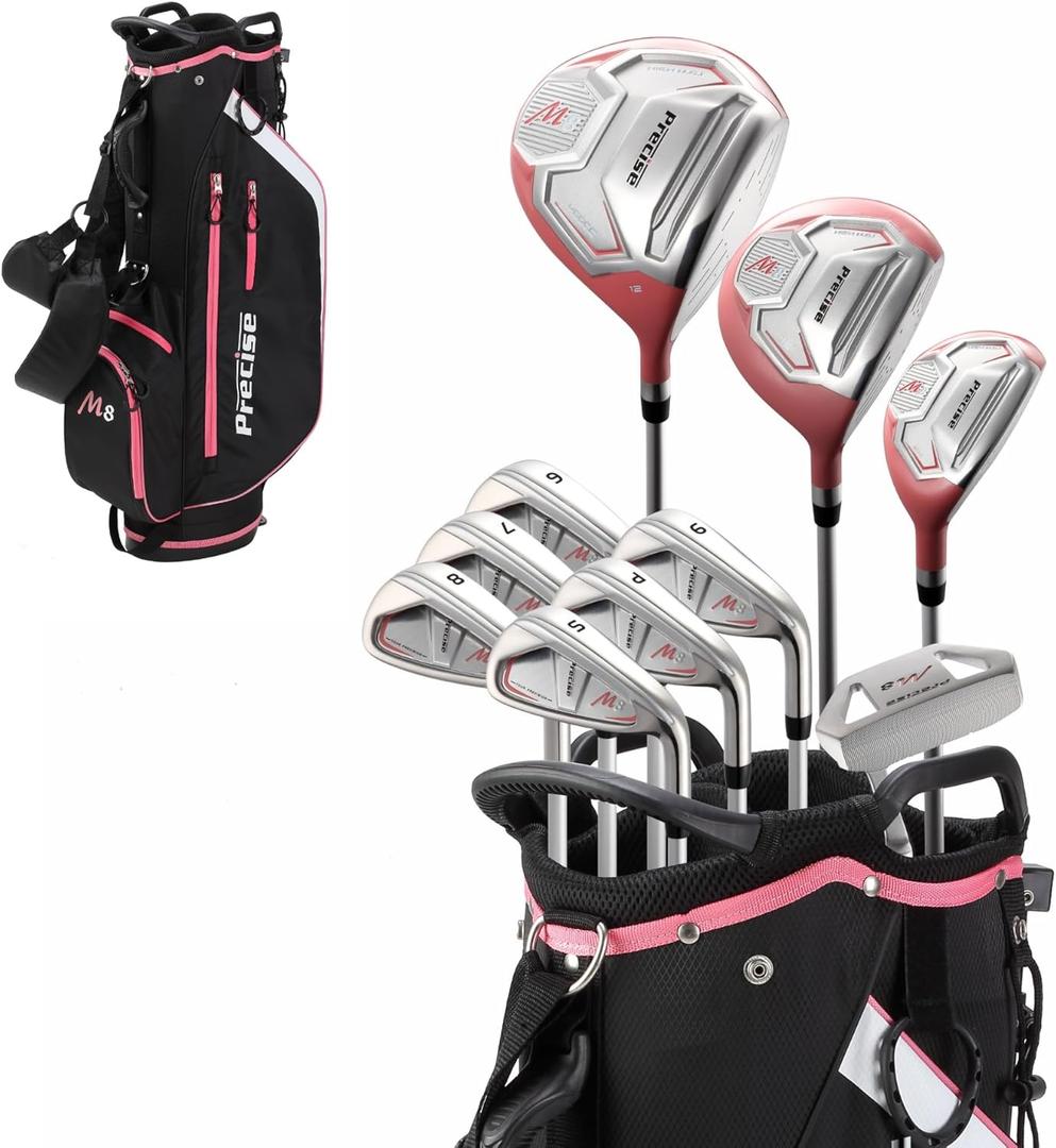 Precise M8 15-Piece Womens Golf Club Full Set, Driver, Wood, Hybrid, Irons, Putter & Stand Bag, Lightweight & Durable Kevlar Graphite Shafts, Golf Clubs Women Right Handed, Regular & Petite Sizes