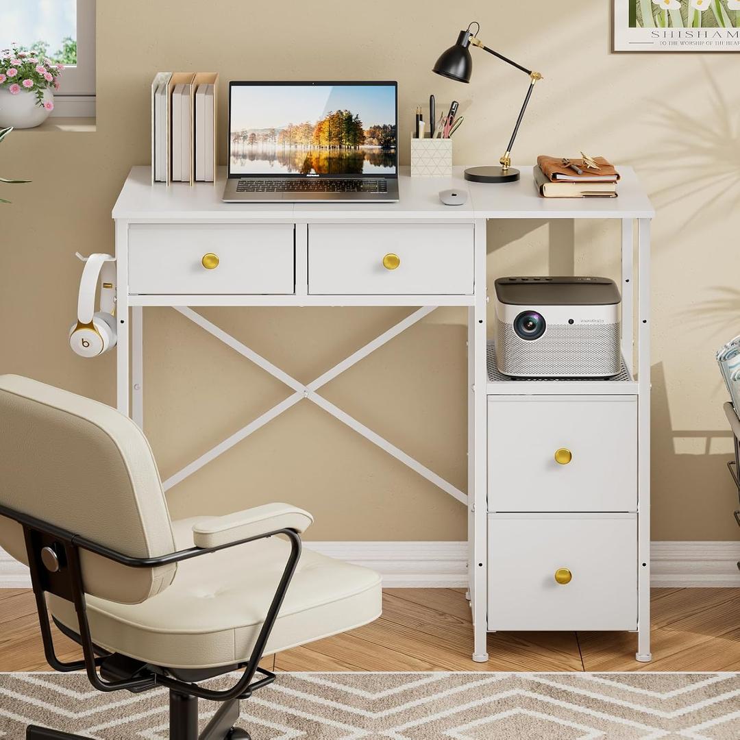 3IngSeagulls Small Computer Desk with 4 Fabric Drawers, Simple Writing Desk for Home Office, Compact Study Desks for Small Spaces, Kids Desk Study for Bedroom, White