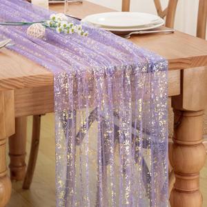 P Pothuiny 2 Pcs Lavender Table Runner 28 x 120 Inch, Glitter Metallic Foil Tulle Table Runner Party Golden Sheer Gauze Table Decor for Wedding Birthday Christmas Anniversary