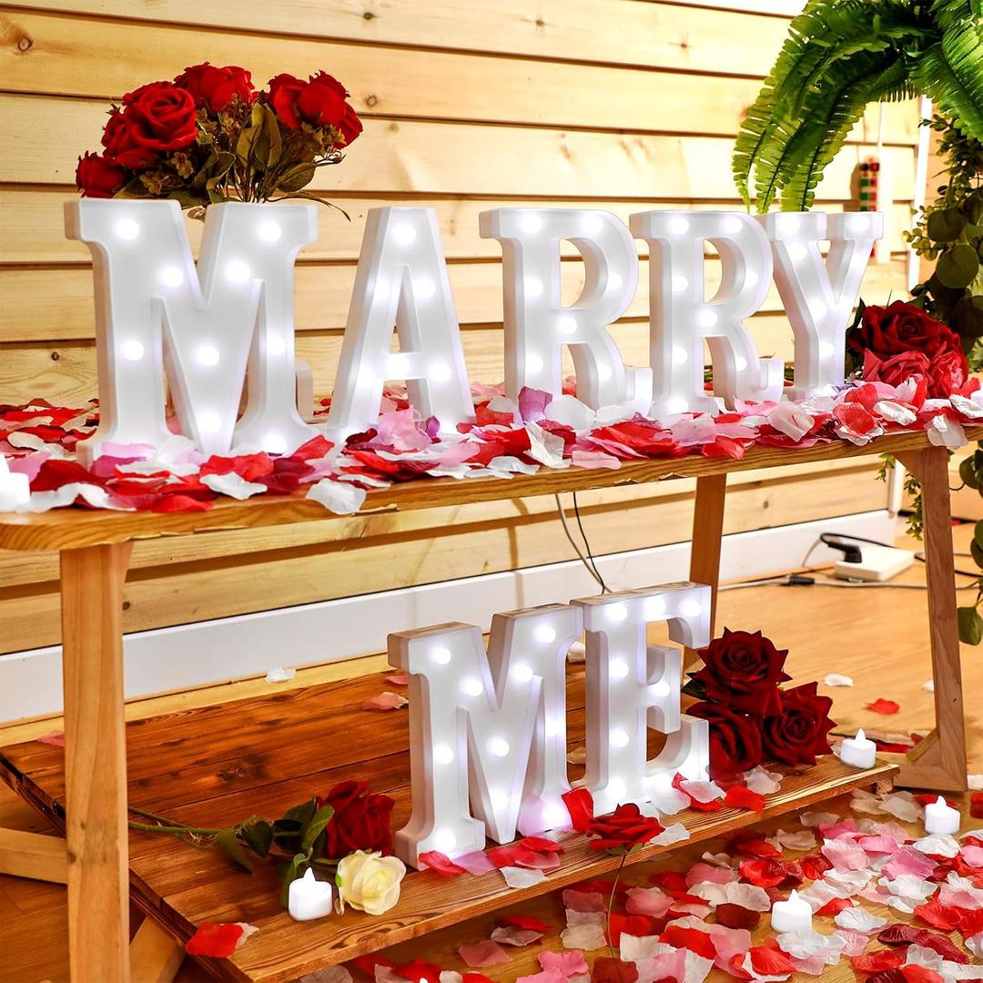 Roowest Marry Me Letters Light Proposal Decorations Set Includes 7 LED 6.3" x 5.5" Romantic Marry Me Sign and 1000 Rose Petals for Proposal Engagement Wedding Decor(White Light, Multicolor)