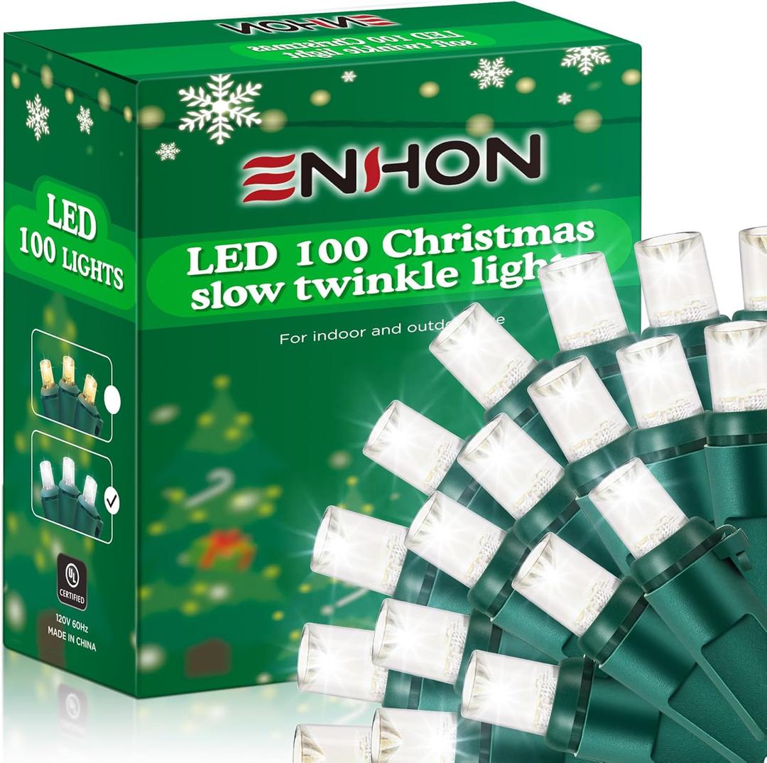 Enhon Slow Twinkling Christmas Light, 100 Lights 35 Ft Twinkle Pulsing Christmas, 5mm LED Wide Angle Soft Random Shimmering Set with Green Wire(Cool White,1 Pack) (Cool White)
