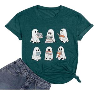 Halloween Teacher Shirts for Women Reading Books T-Shirt Funny Teacher Librarian Halloween Party Tee Tops (S, Dark Green)