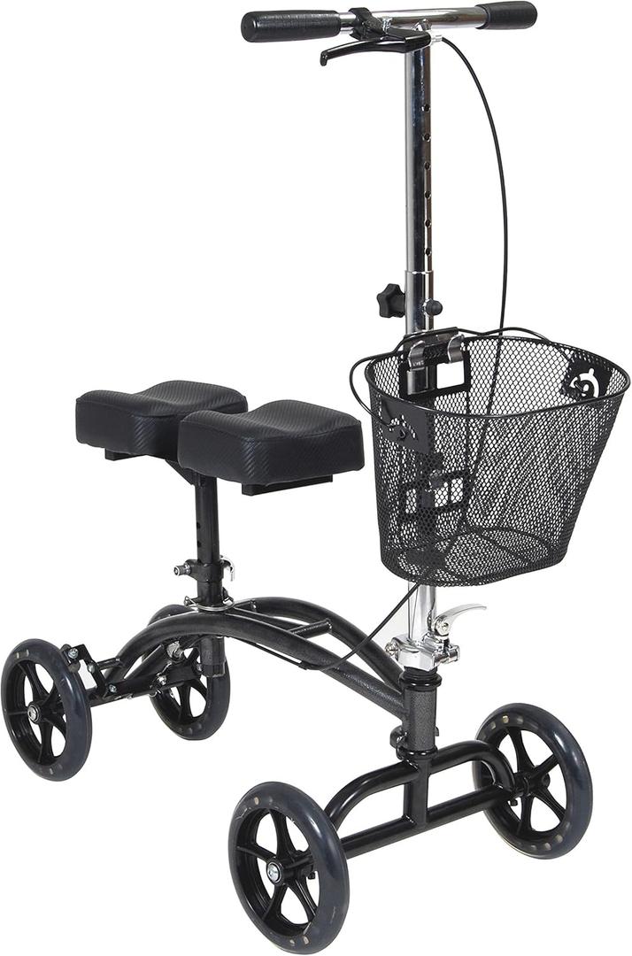 Drive Medical 796 Adjustable Height Steerable Knee Walker Knee Scooter Leg Walker Crutch Alternative, Dual Pad with Basket and Hand Brake 350 Pound Weight Cap