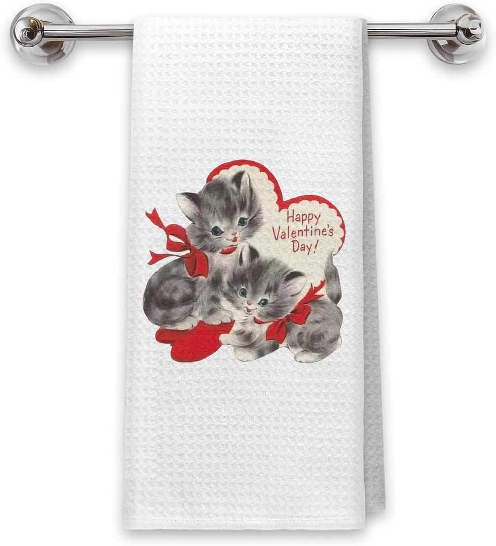 Vintage Happy Valentine's Day Cat Hand Tea Towels for Bathroom Kitchen Decor, Valentine's Day Cat Gifts for Her Women, Valentines Sweet Kitten Kitchen Dish Towels, 16x24 Inch