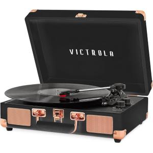 Victrola Journey Bluetooth Portable Suitcase Record Player  with Built-in Speakers, 3 Speed Vinyl Record Player, RCA Out, Headphone Jack (Black Rose Gold)