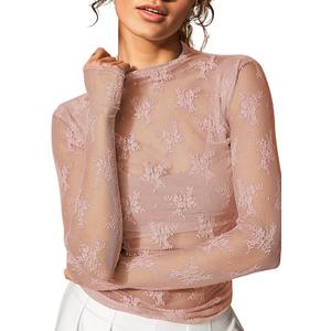 Womens Mesh Long Sleeve Top Sheer Blouse Sexy See Through Tee Shirt Lace Tops, L