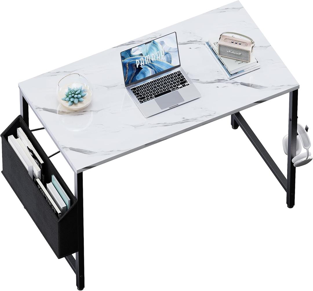 Pamray 32 Inch Computer Desk for Small Spaces with Storage Bag, Home Office Work Desk with Headphone Hook, Small Study Writing Table (Marble)