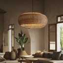 Rattan Handwoven Pendant Lights Adjustable Bamboo Wicker Hanging Lamp, Pendantt Light Fixture With Drum Basket Shade 1 Light Woven Pendant Light For Dining Room Living Room (Not Bulb Included)