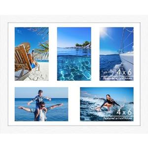Lacopgr 4"x6" Photo Collage Frame 5 Openings, 11"x14" Multi Picture Frame Collage Wall Decor, Brushed White Frame with White Mat, Wood
