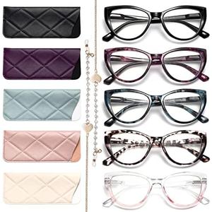Gaoye 5 Pack Fashion Cat Eye Reading Glasses for Women, Computer Blue Light Readers Anti Glare With Eyeglasses Chain (A 5 PACK MIX, 1.5, multiplier_x)