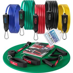 Elastic Fitness Kit + Exercise Guide, 5 x Professional Resistance Bands + Handles, Door Anchor, Foot Straps | Workout Pull Up Arms Legs Dumbbell, Women Men