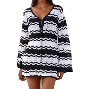 Eomenie Women Crochet Swim Cover Up Summer Bathing Suit Hollow Out Long Sleeve Dress Coverup Mesh Knit Beach Outfits, Size M